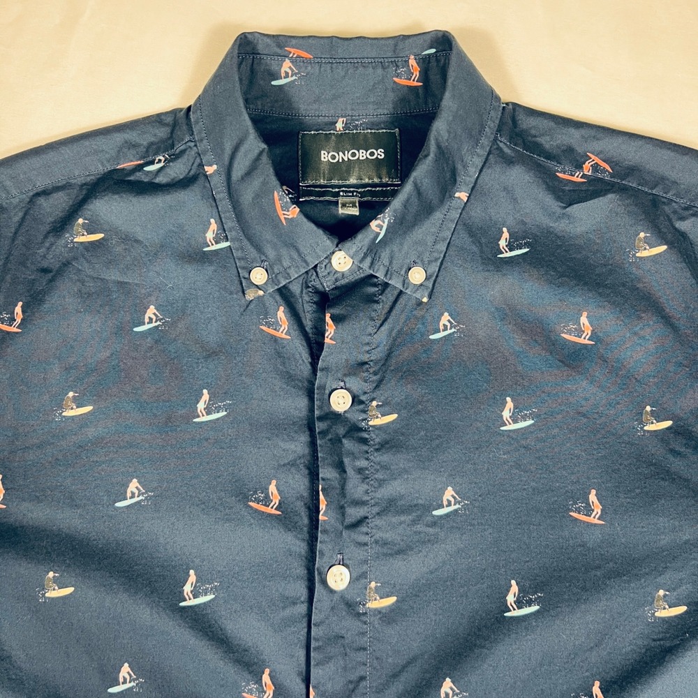 Bonobos Mens Slim Fit Short Sleeve Button Down Shirt Navy Surfer Print Size M